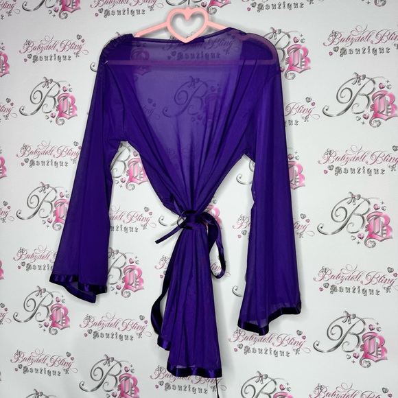 Avidlove robe kimono purple lace detail shiny trim detail mesh royal purple - Picture 2 of 13